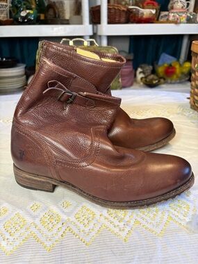 Frye Brown Leather Ankle Boots with Side Buckle